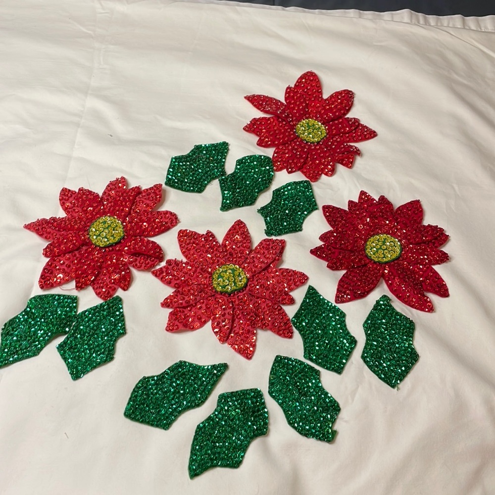 Antique Christmas Hand Crafted Sequined Poinsettias With Leaves